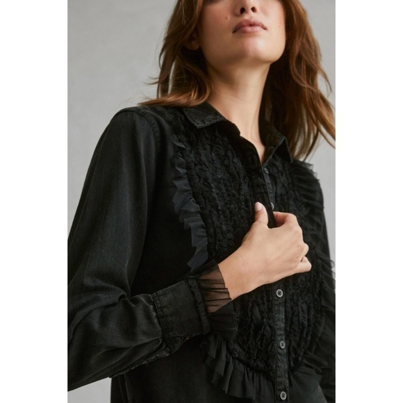 Pilcro Tulle Shirt Button Up Whimsigoth Fairy Dark Academia Witchycore Black XS - Picture 1 of 15